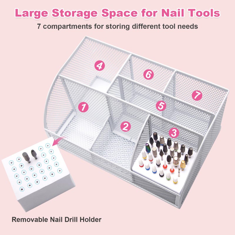 CGBE Nail Drill Bits Holder: 60 Holes Professional Drill Bit Holder for Nails - Mesh Metal Nail Tools Organizer Display Case - Nail Desk Organizer for Nail Tech - White (Not Included Nail Drill) - Image 3